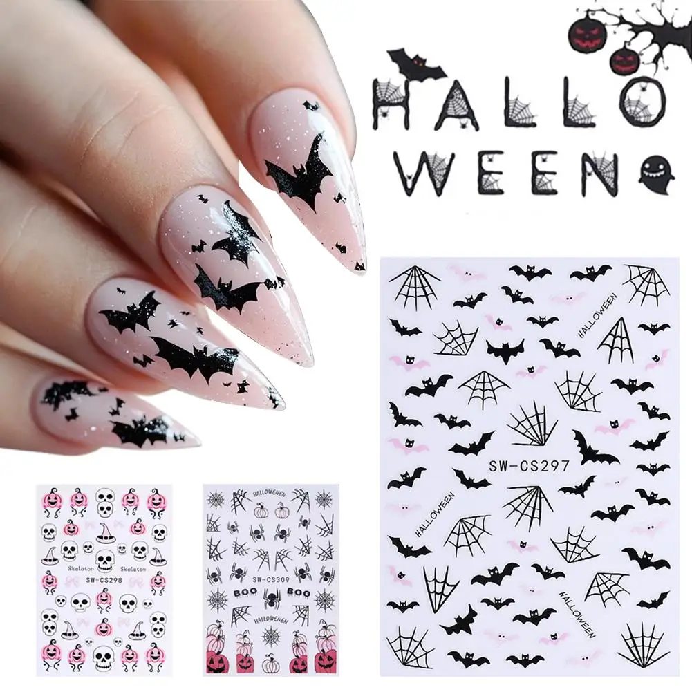 Halloween Nail Art Stickers Pink Pumpkin Bat Skull Nail Cute Themed Stickers Decals Art Ghost Nail Bestselling Spooky S2H0