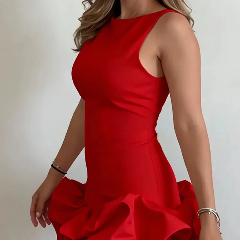 Women's Sweet Style Ruffled Trim Pinafore Dress Solid Color Sleeveless Crew Neck Babydoll Mini Dress High Waist Skirt