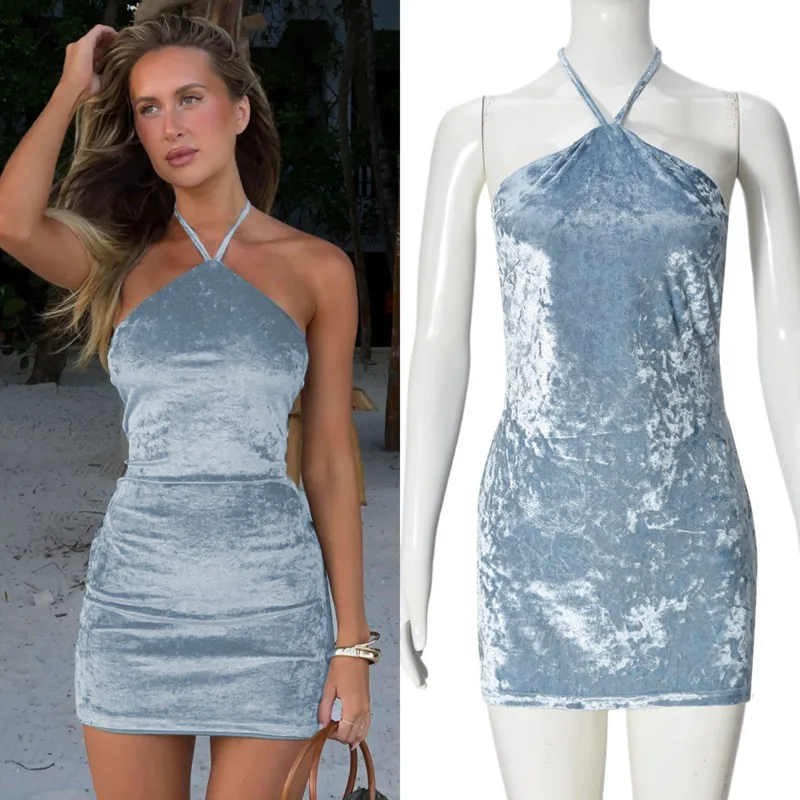 

Sexy Velvet Cut-Out Backless Mini Dress Chic Summer Blue Halter Wrap Stretchy Bodycon Dress Trendy Women's Beach Party Dress New