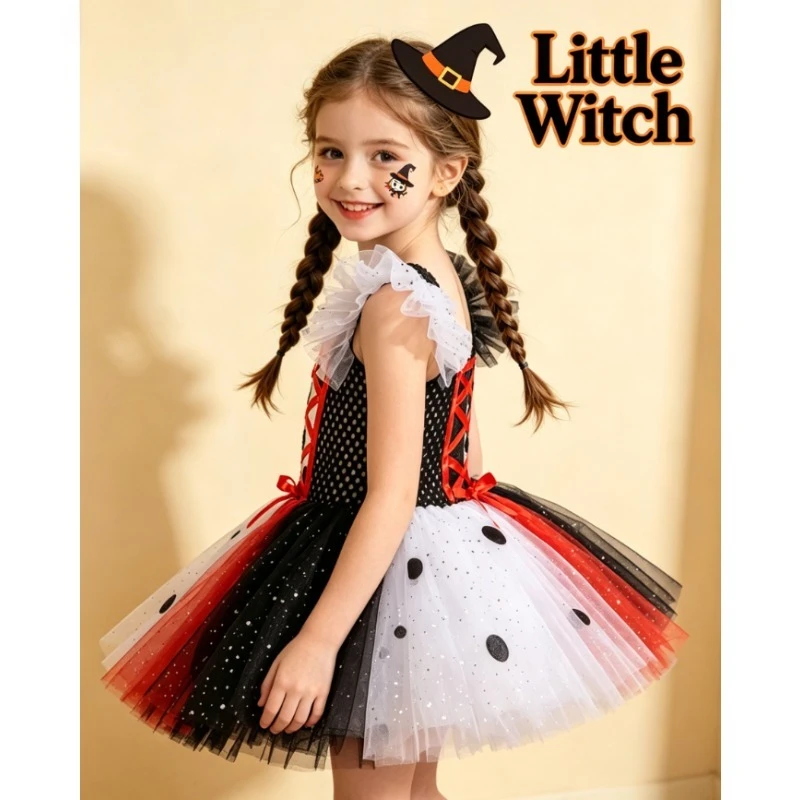 

Black White Stitching Dress Kids Outfit Carnival Fancy Dress Children Halloween Role Play Costume Party Holiday Princess Apparel