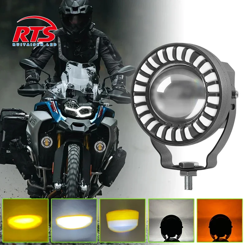 

30W Motorcycle LED Spotlight White Yellow 5 Modes Lens Motor Headlight Hi/Low Beam Driving Fog Lamp for Car Trucks SUV 12V-80V
