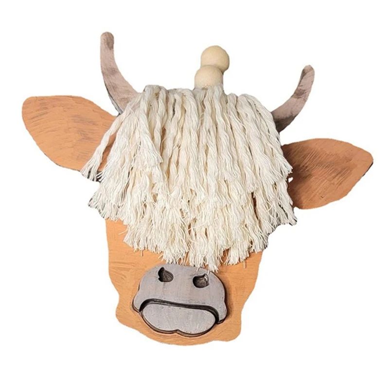 Cow Head Pendant Macrame Car Charm Tassel Horn Wooden Pendant Decorative Highland Cattle Rear View Mirror Hanging-FUNN