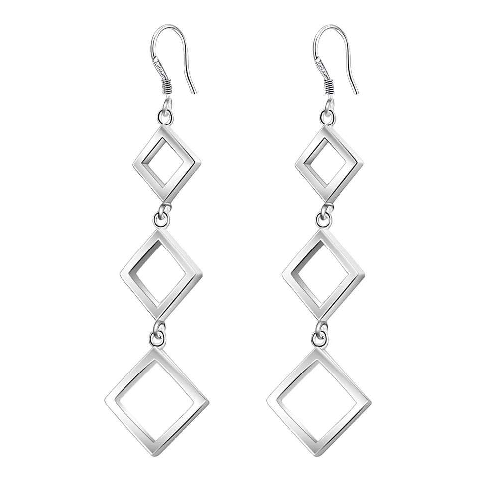 Hot Sale Silver Plated Jewelry New Arrival Wholesale Fashion Openwork Square Tassel Earrings for Woman