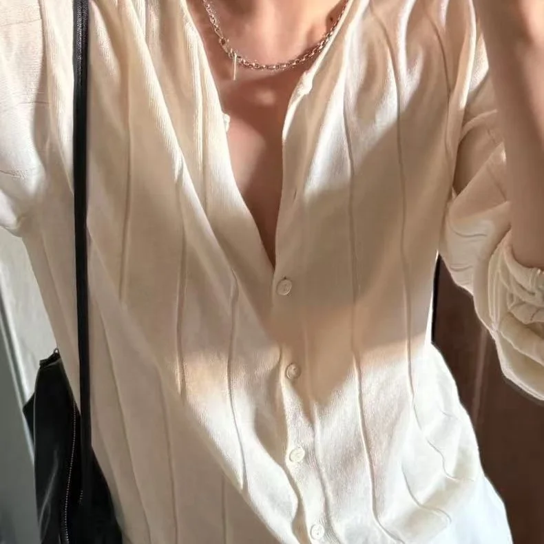 

Autumn 2025 New NonTingWritten Color Versatile Knitted round Ne Single Button Open Cardigan Commute Sle Loose Fit L...