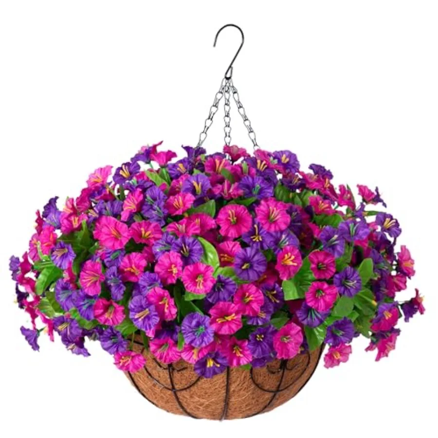 

Artificial Fake Hanging Flowers with Basket, Faux Silk Morning Glory Flower Arrangement for Spring Summer Decor, Hanging Plant