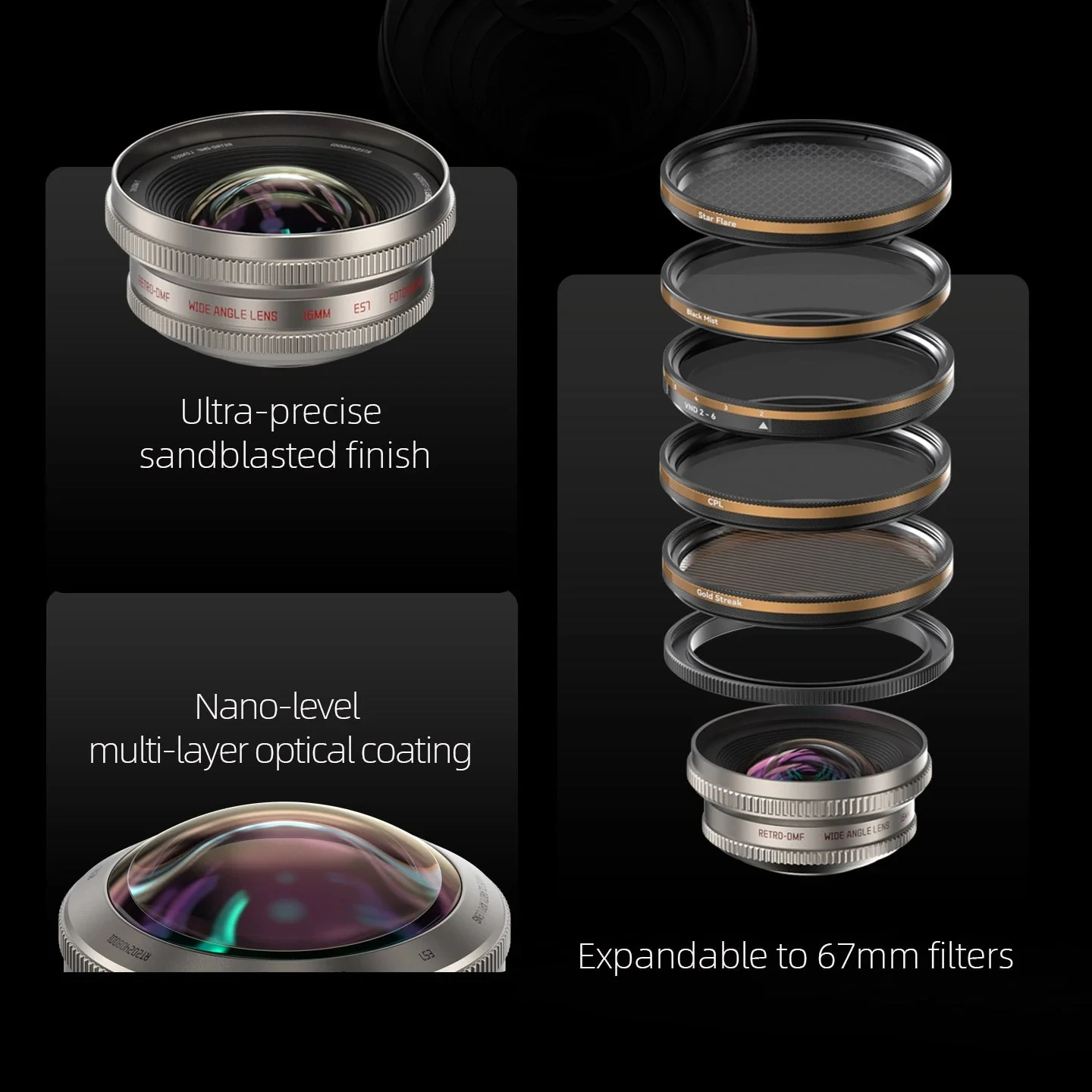 Fotorgear Retro T-mount Mobile Phone External Lens for 8mm Fisheye 45mm Macro Lens 16mm Ultra Wide Lens 60mm Portrait Lens