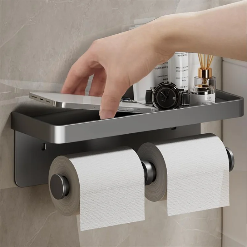

Bathroom Wall Mounted Toilet Paper Holder Waterproof Space Aluminium Aluminum Alloy Large Tissue Box Phone Storage Rack Shelf