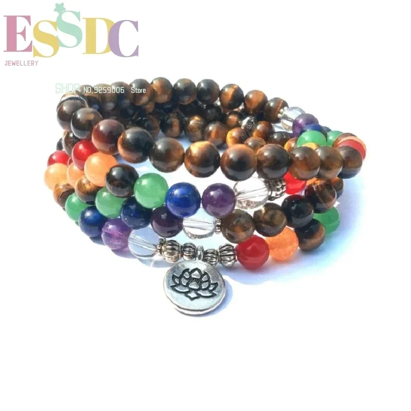 New Arrival Buddhist Lotus Flower Pendant Seven Chakra Yoga 8mm Natural Tiger Eye Stone 108 Mala Beads Bracelet Healing Necklace