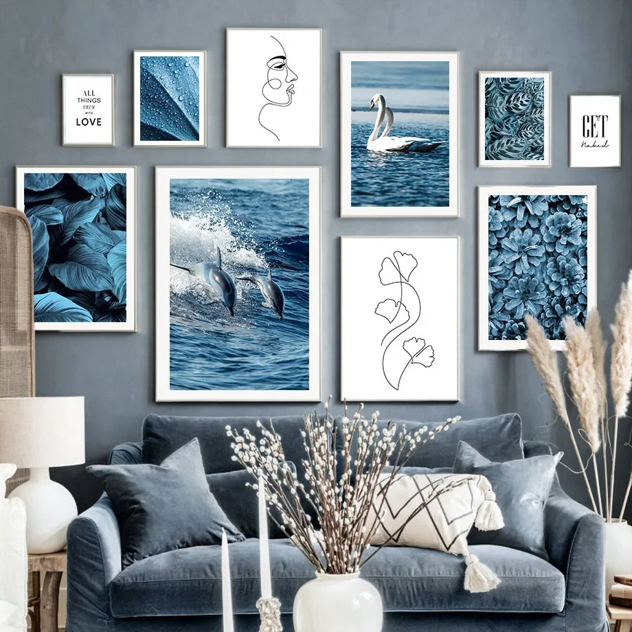 Multiple sizes 1pc frameless Canvas Painting,1pc frameless Canvas Painting Blue Ocean Wall Art Coastal Dolphin Swan Canvas Print