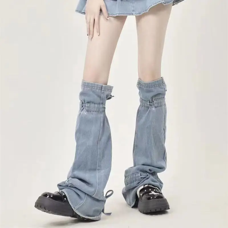 

Knee-Length Fashion Women's Buckled Denim Leggings Jean Foot Socks Lady 2000s Japanese Y2K Denim Leg WarmersLong Sock Streetwear