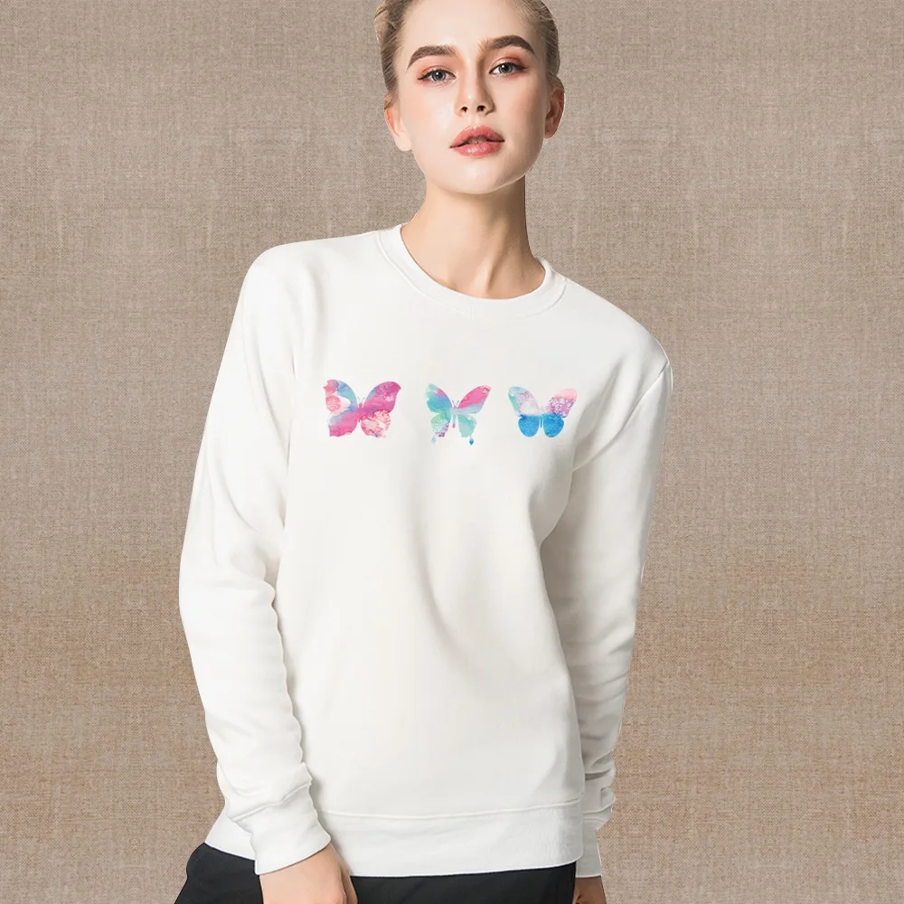 Women\'s O-Neck Tops Round Neck Pullover Spring Autumn White Long Sleeve Sweatshirt Casual Comfortable Butterfly Series Clothes