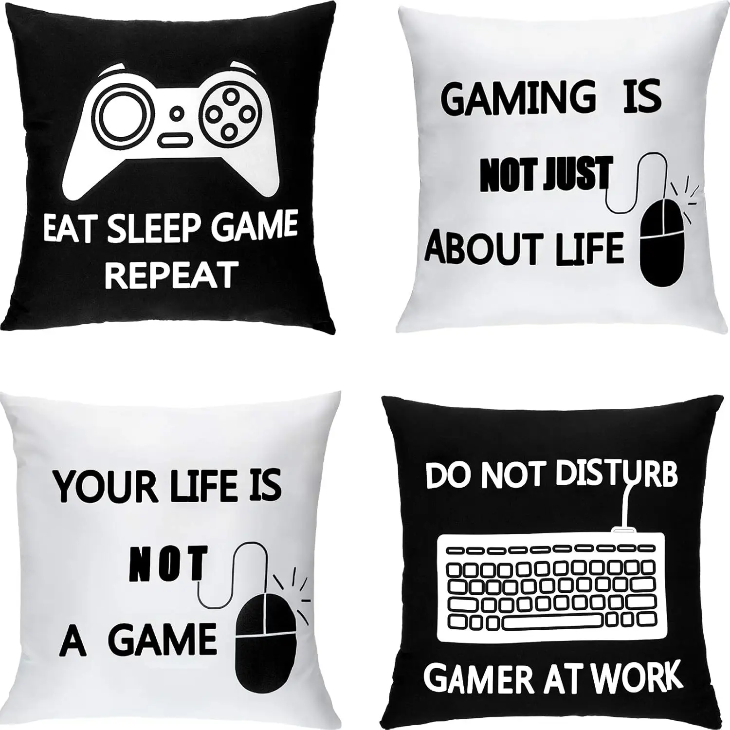 

4pcs Controller Mouse Keyboard Eat Sleep Game Repeat Printed Pillow Cover Polyester Cushion Case 2D Flat Gamer Room Decor Now