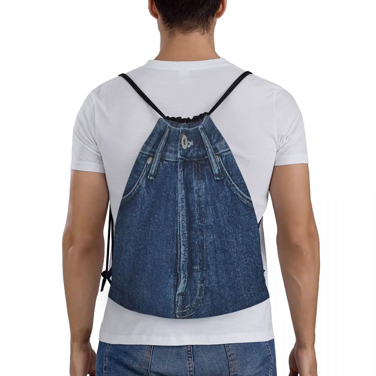 

Blue Denim Classic Jeans Texture Backpacks Multi-function Portable Drawstring Bags Storage Bag Book Bags For Man Woman Students
