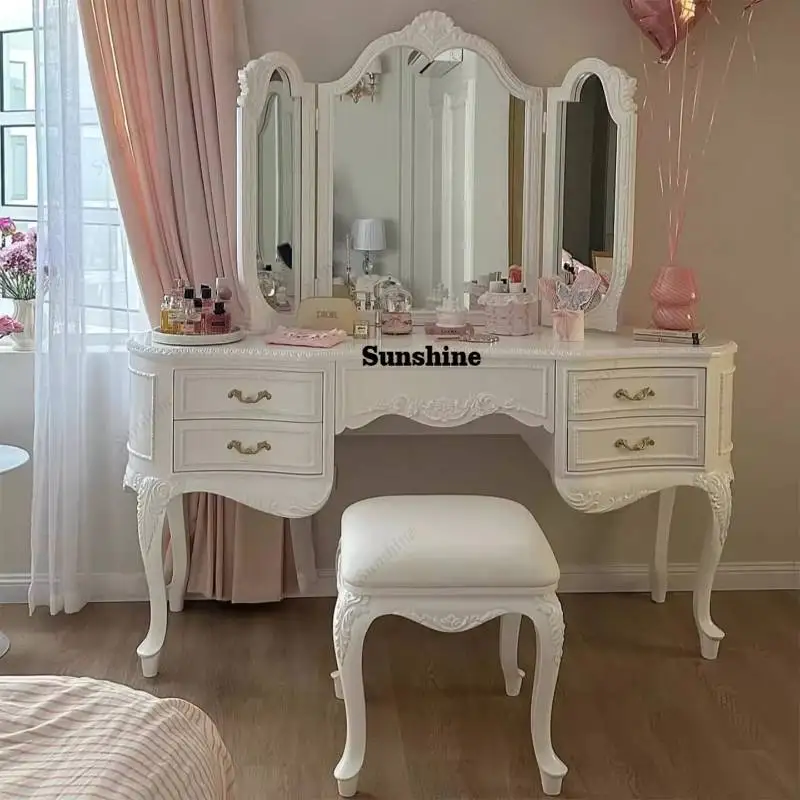 

Wooden Luxury Vanity Table Dest European Hidden Glass Modern Dressing Table White Saving Makeup Tafel Furnitures For Bedroom