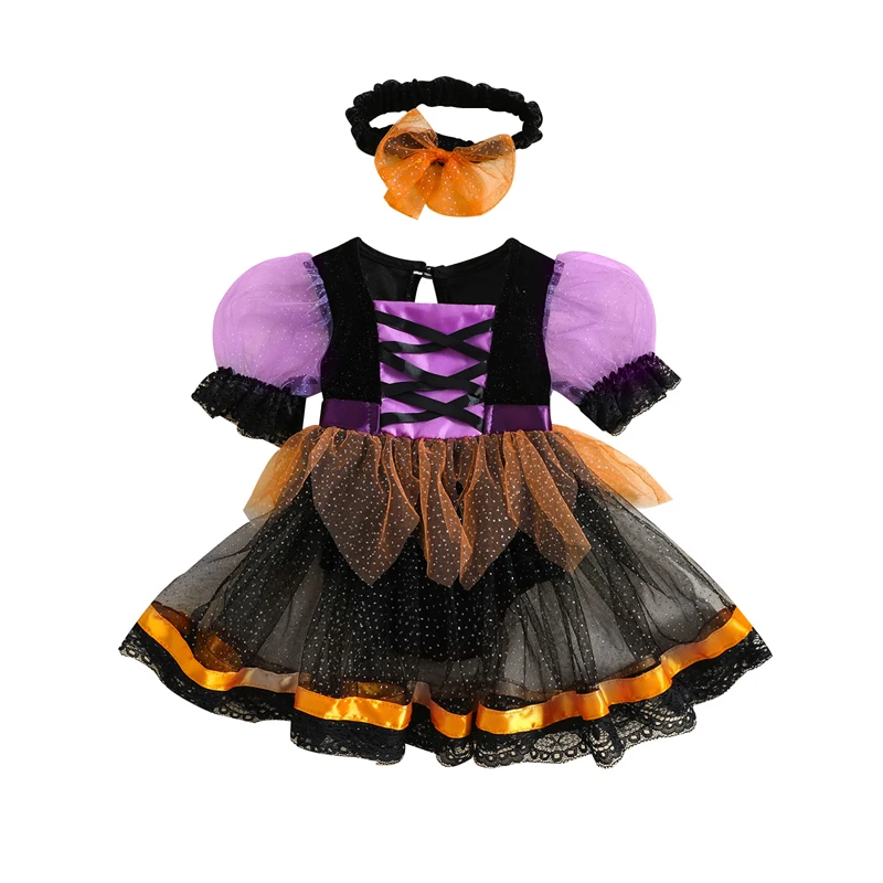 Baby Girl Halloween Witch Clothes Puff Short Sleeve Mesh Tulle Romper Dress Spider Lace Tutu Dress Party Outfits