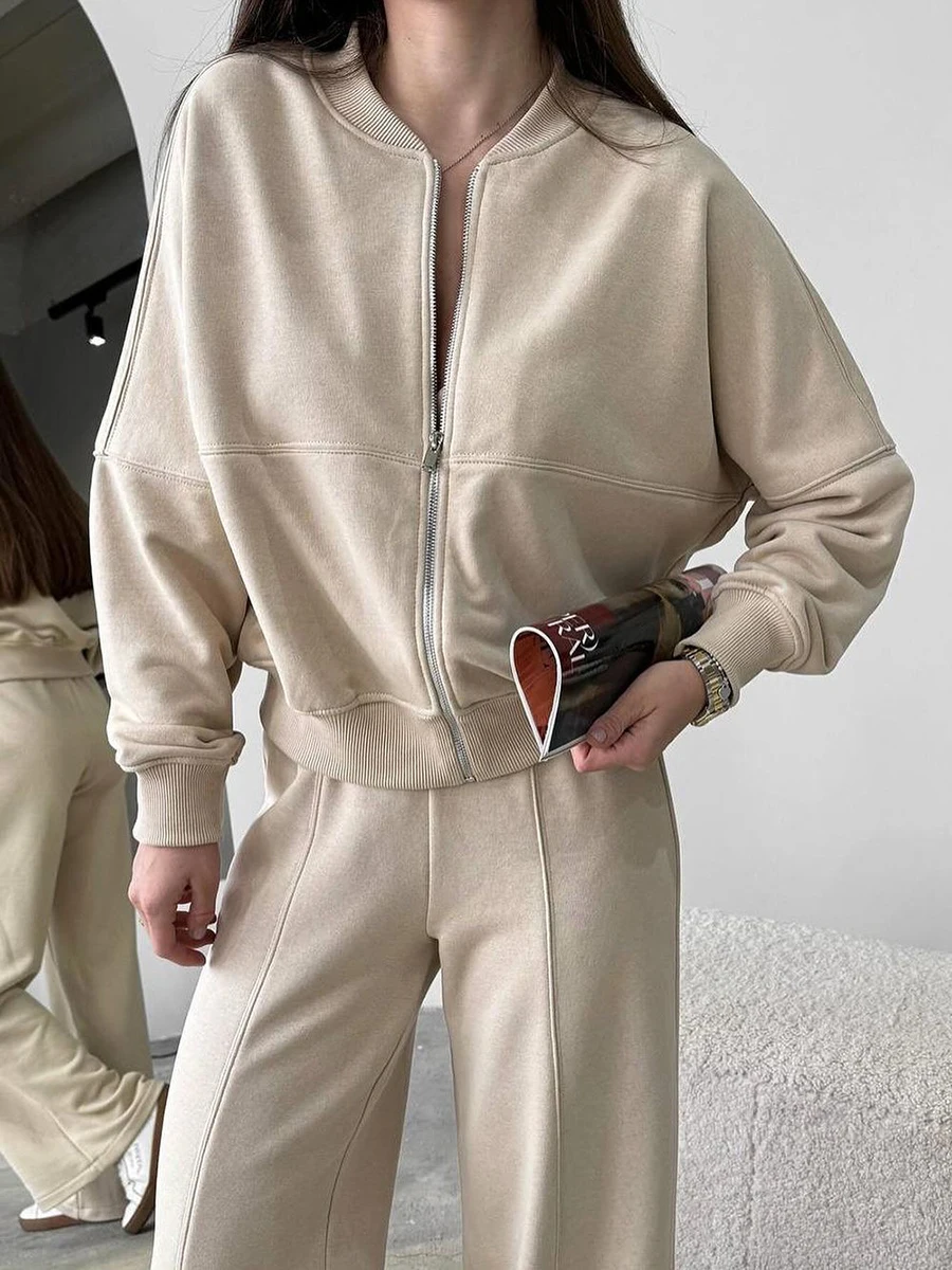 2024 Solid Zipper Sweatshirt Suit Women Long Sleeve Top Drawstring Wide-leg Pants Sets Loose Hooded 2-Piece Set Sports Outfits