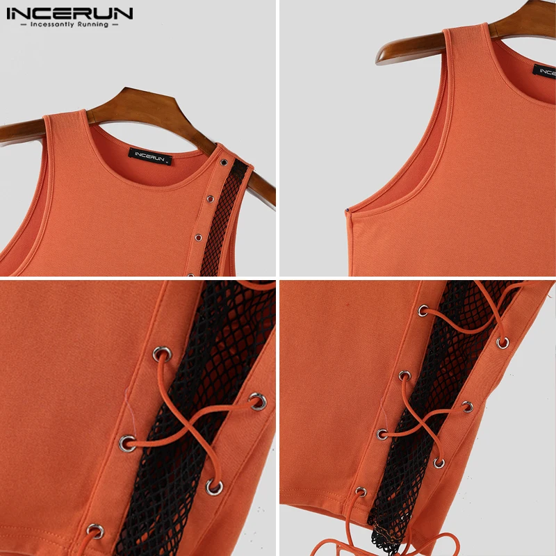 Été hommes débardeurs maille Patchwork à lacets hauts t-shirt INCERUN Sexy sans manches gilets Streetwear hauts de fête surdimensionné vêtements pour hommes
