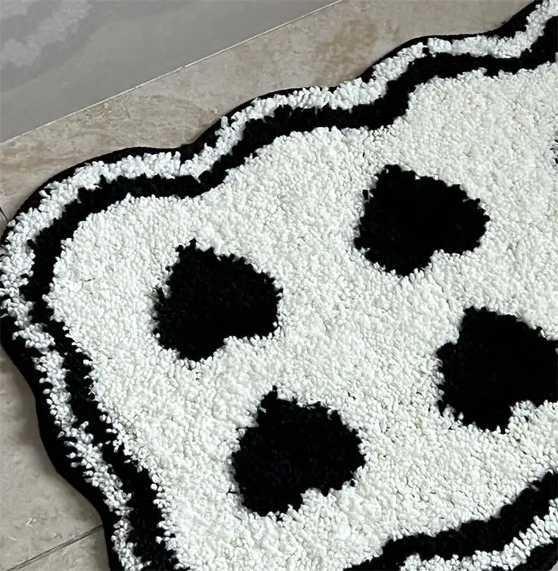 Tapis de Sol Fluffy Fluffy Lea, Polymères de Touffetage de Porte, Optique Douce, Absorbant, Toilette, Cuisine, Coeur Noir et Blanc