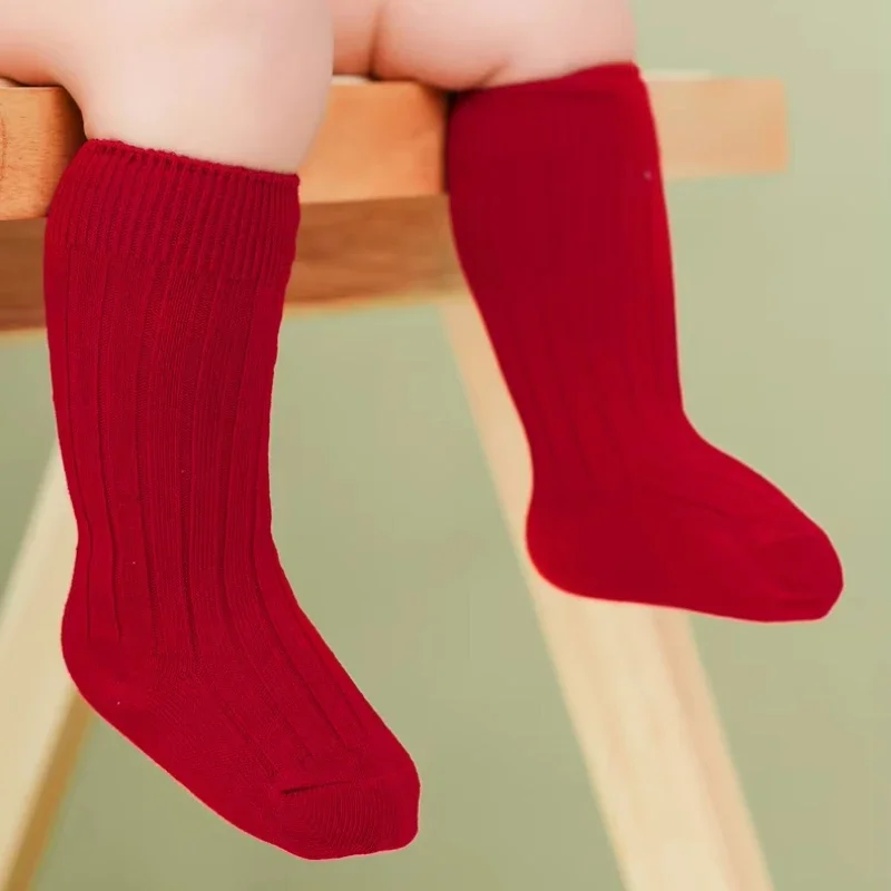 Baby Knee High Socks Kids Girls Boys Soft Cotton Long Sock Cute Red Christmas Gift Stripe Solid Children Socks for 0-3Years