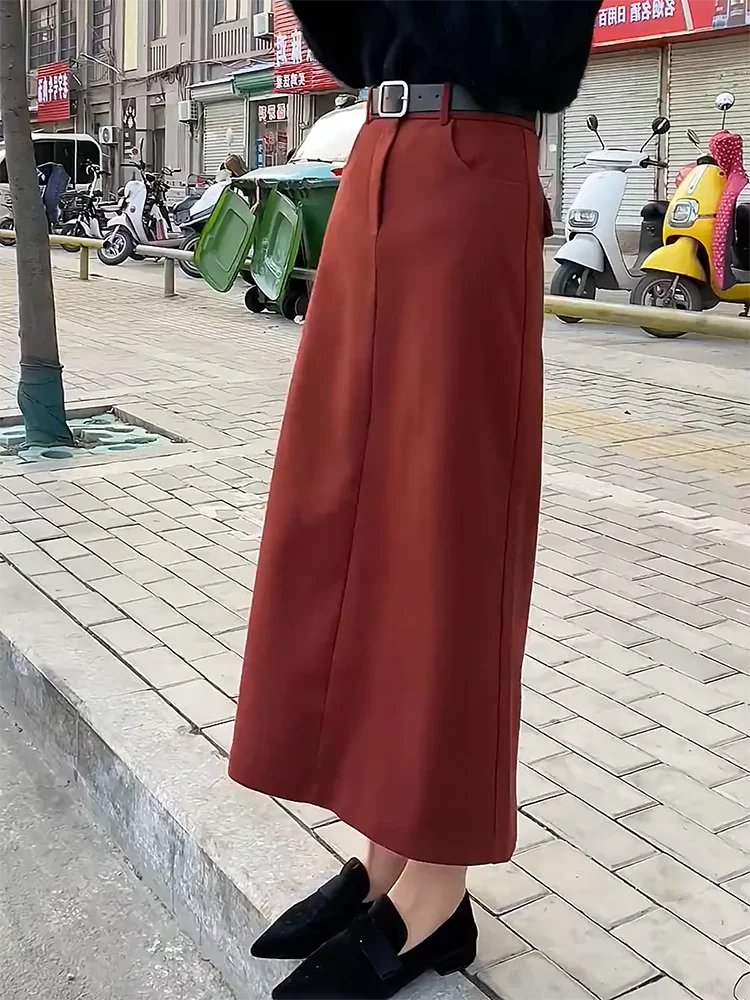 

Юбка-трапеция для повседневной носки, женская, осенне-зимняя, новая, элегантная, с высокой талией, утягивающая, с разрезом, средней длины