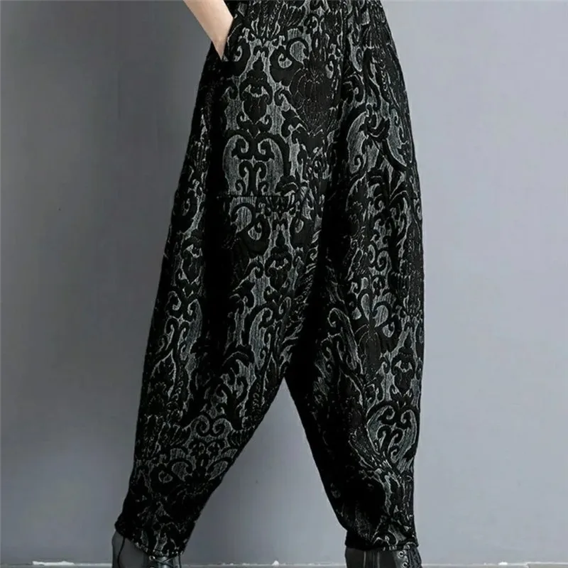 New Draping Autumn Winter Jacquard Bloomers Women Casual Loose Thicken Warm High Waist Vintage Wide Leg Harlan Pants Mom Pants