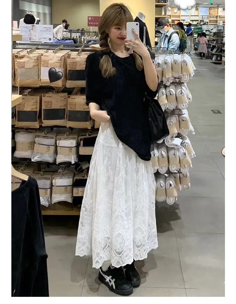 White Midi Skirt with Spring and Summer Design Sense Lace Lace A-Line Skirt High Waist Temperament Fairy Skirt