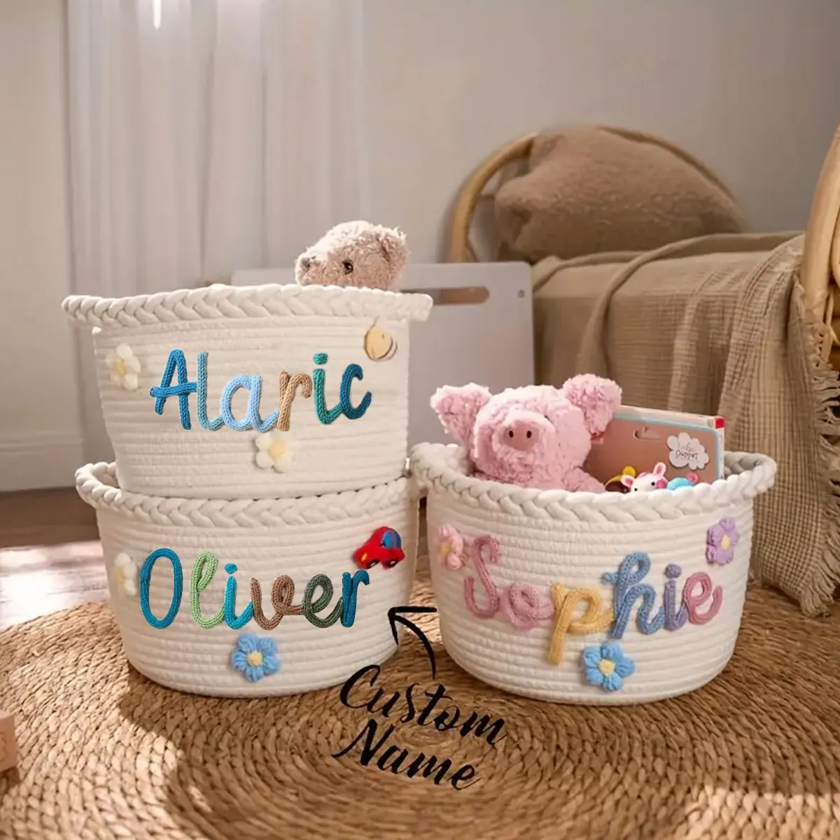 1pc Personalized Handmade Round Storage Basket, Customizable with Letters, Gift Basket/Storage Basket, Easter Decoration Gift