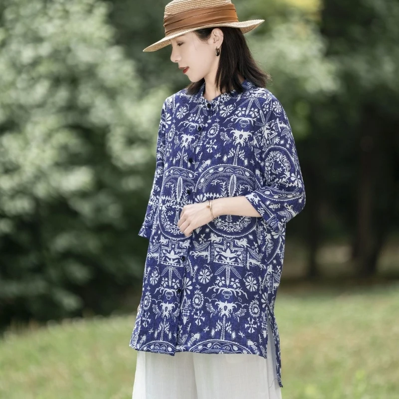 

Новая женская свободная летняя модная рубашка с принтом, стильный повседневный топ с открытым передом, свободный крой 2026