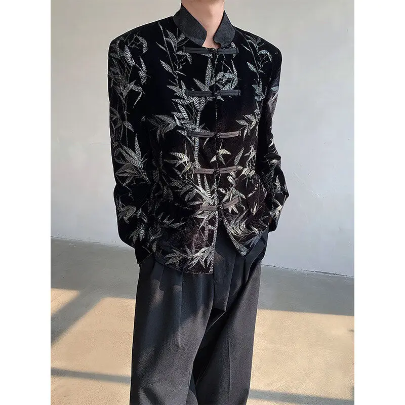 

Мужской костюм Тан с вышивкой Ele Bamboo Le, новый китайский стиль, на пуговицах, с воротником-стойкой, в старинном китайском стиле, Zhong...