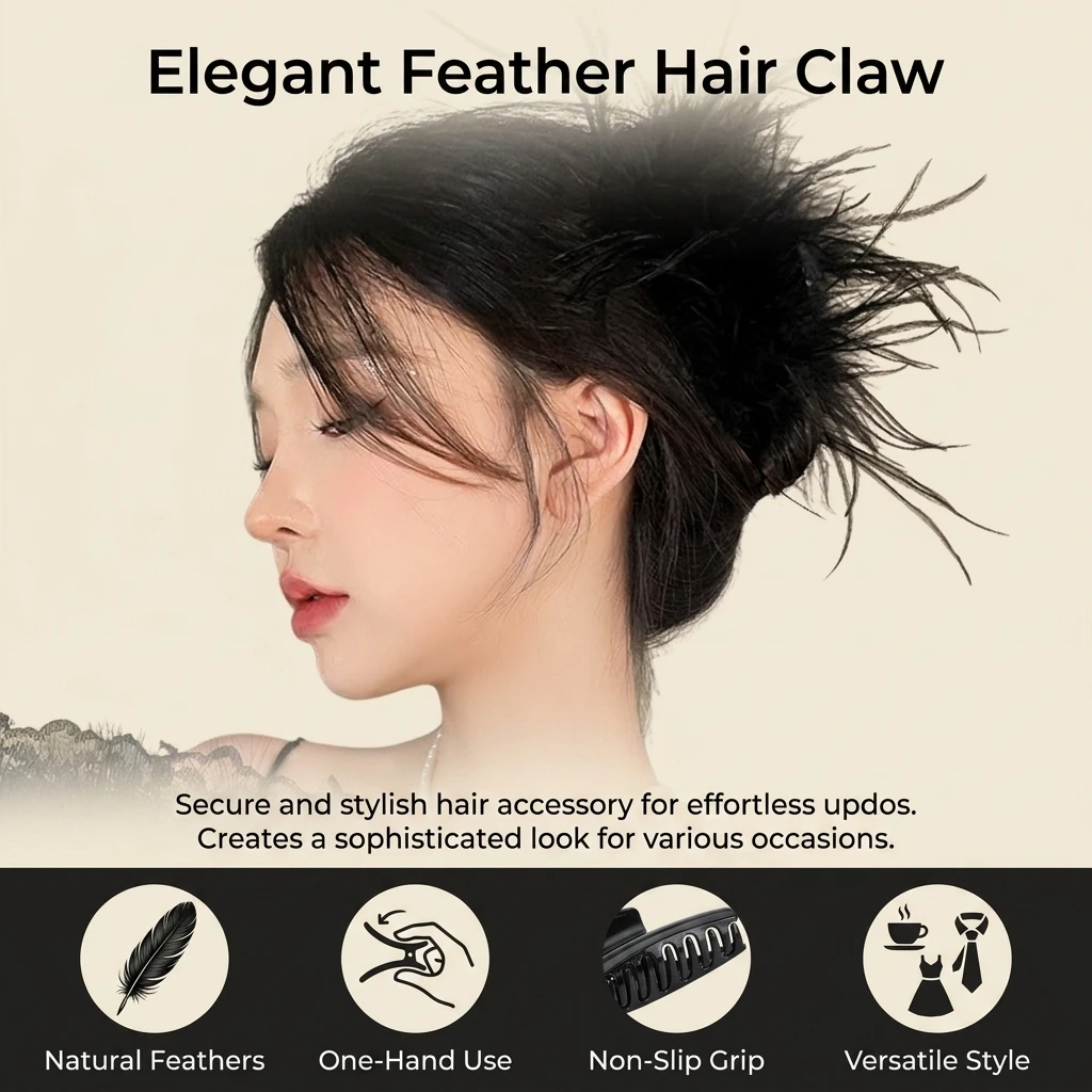 1pc Ostrich Feather Hair Claw Clip Natural Plume Design for Women Daily Use Elegant Anti-Slip Shark Clip Accessories