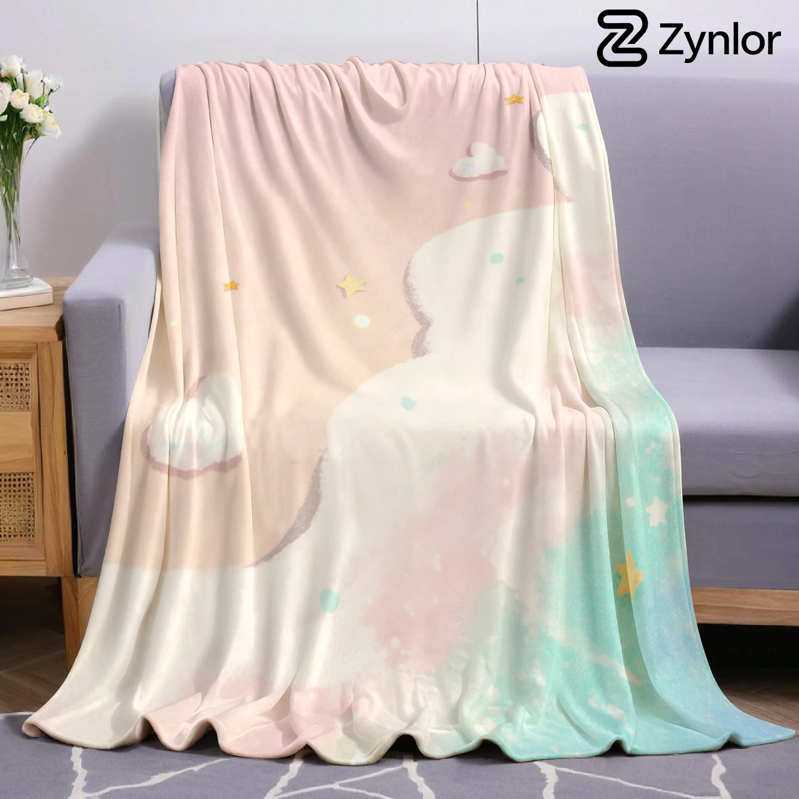 Pastel Dreamy Cloud Star Sky Cartoon Anime Print Flannel Blanket Soft Warm Throw for Kids Bedroom Sofa Bed Christmas Office Car