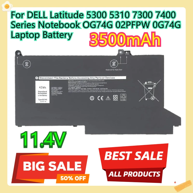 

For DELL Latitude 5300 5310 7300 7400 Series Notebook OG74G 02PFPW 0G74G Laptop Battery 11.4V 42Wh