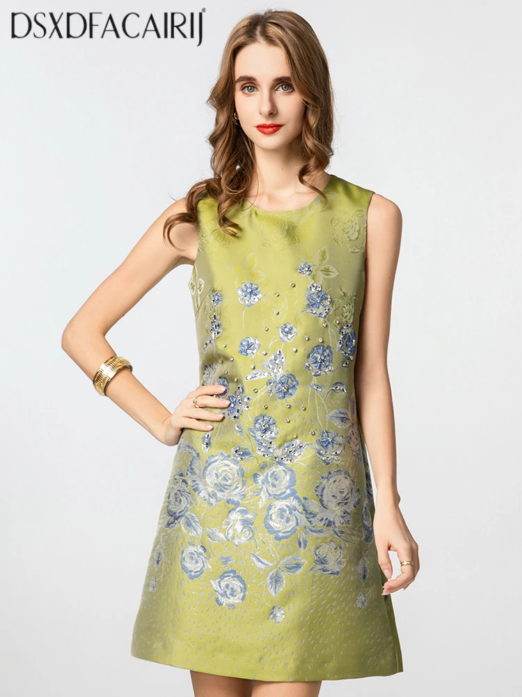 

DSXDFACAIRIJ Women's Crystal Diamond Vest Dress O-Neck Sleeveless Vintage Jacquard Summer Fashion Dress for Females