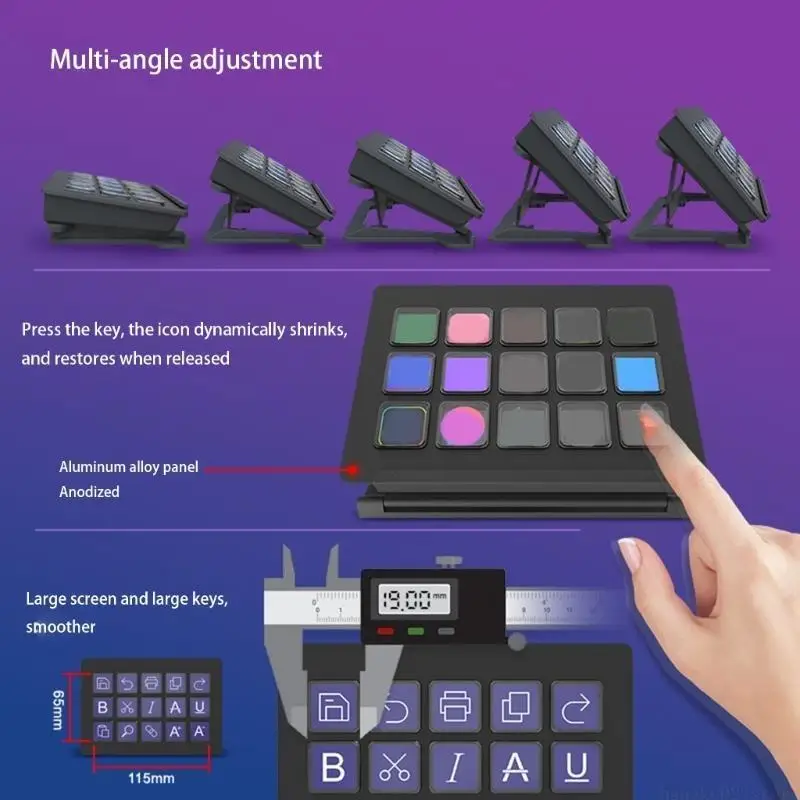 Streaming Controller LCD Keyboard 15 Dynamic Icons Display with Long USB C Cable for Content Creation Workflows