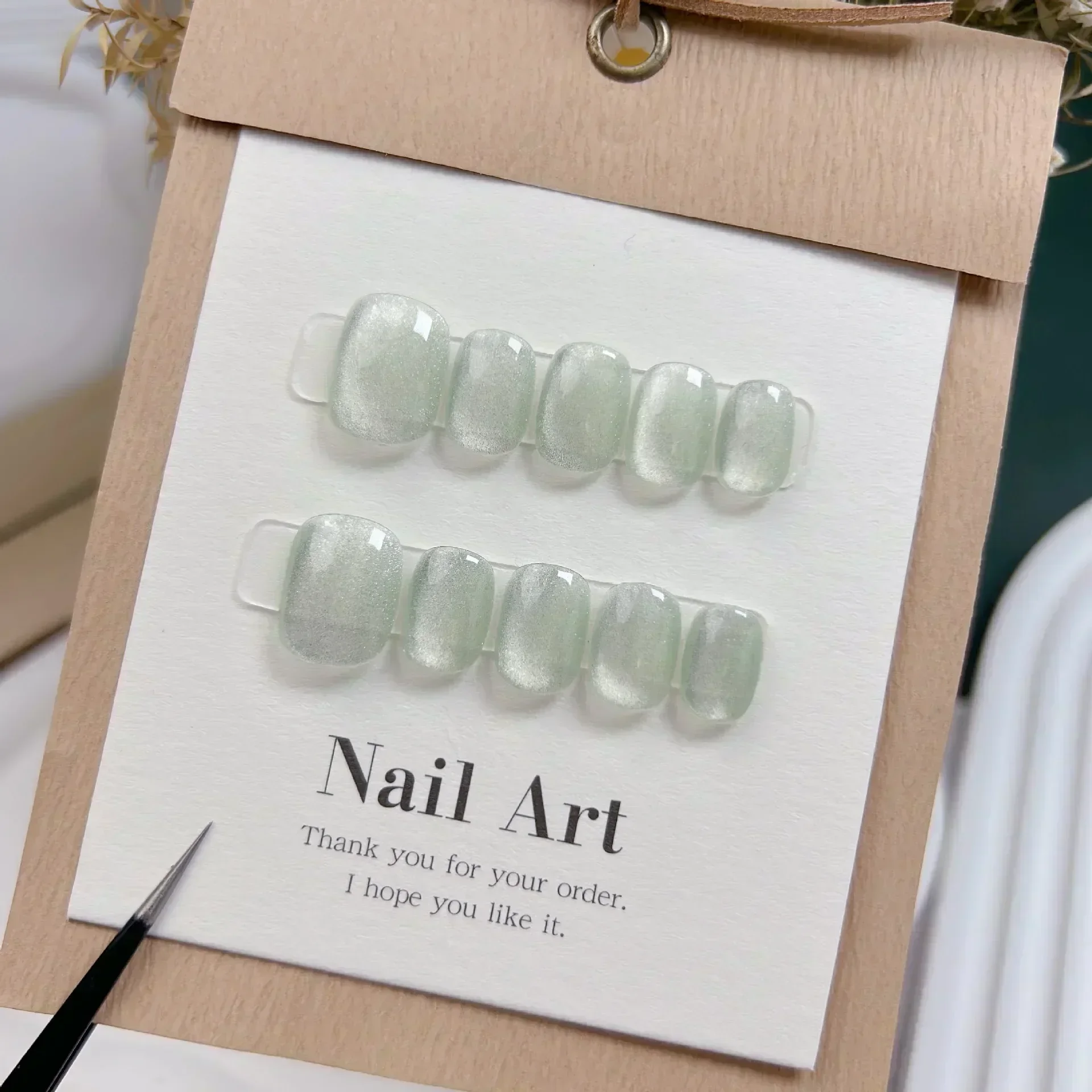 

10Pcs Short Handmade Light Green Press On Nails Cat Eyes Pure Ballerina Decoration Wearable False Nails Full Cover Nail Tips Art