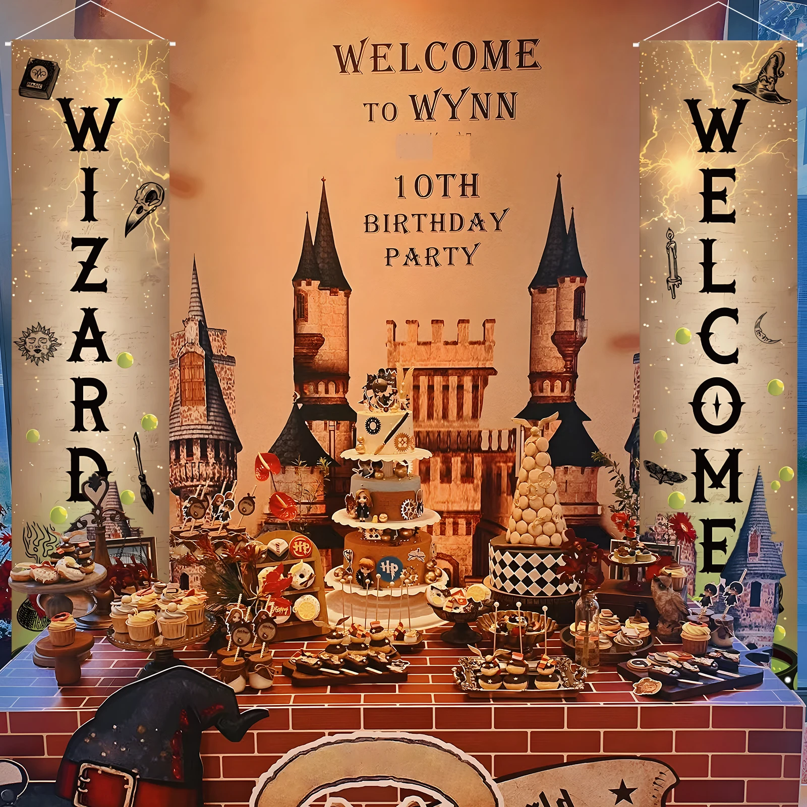 لافتة باب معالجات الترحيب مكونة من قطعتين لافتة شرفة معالج لافتات حفلات سحرية من البوليستر مع مسامير وسلسلة لسهولة التعليق #4