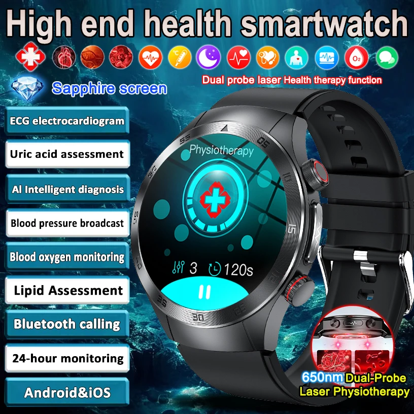 

2025New Health Tracker Laser Therapy ECG+PPG Healthy smartwatch Blood Pressure Blood Lipid Uric Acid Bluetooth Call SmartWatch