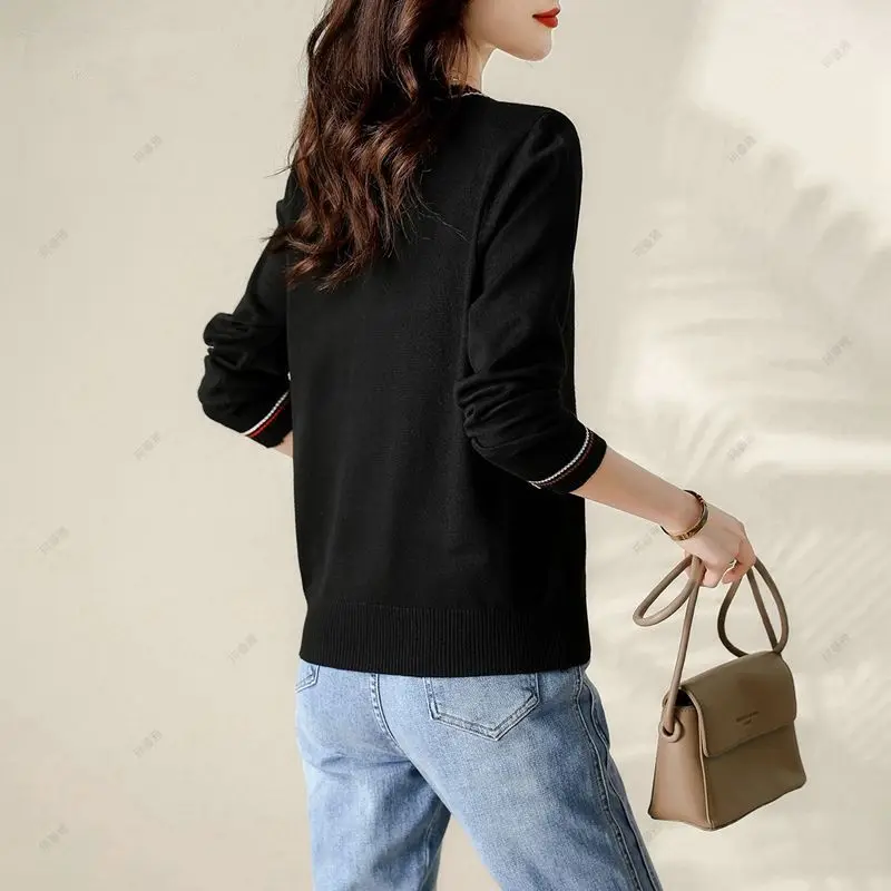 Women Clothing 2024 New Long Sleeve V-neck Knit Pullovers Spring Autumn Fashion Versatile Thin Black Sweaters Chic Loose Tops