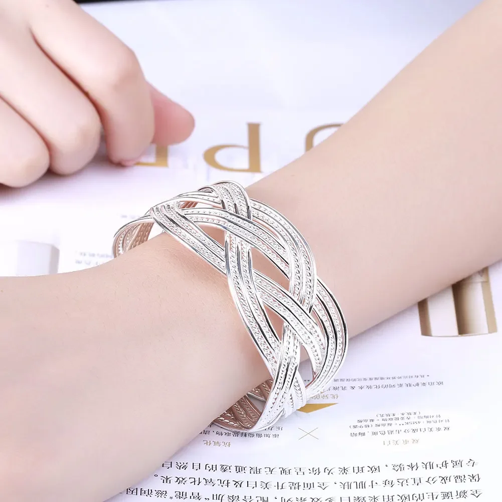 New 925 sterling Silver elegant Braided wire bangle Bracelets for Women Fashion Party Wedding Accessories Jewelry Christmas Gift