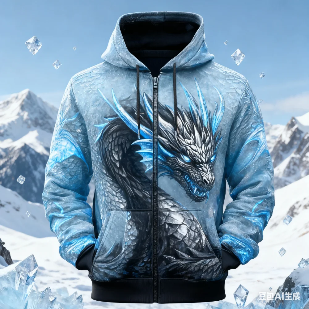 موضة ثلاثية الأبعاد التنين نمط الرجال هوديس مضحك الحيوان طباعة مقنعين زمم بلوزات اليومية معطف غير رسمي ملابس Y2k المتضخم #6