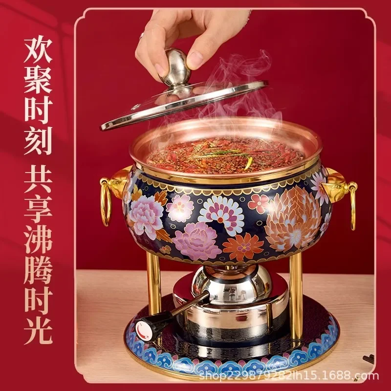 Portable Mini Copper Hot Pot Single Serve Enamel Coated Small Soup Pot with Alcohol Stove for Outdoor Camping Home Kitchen