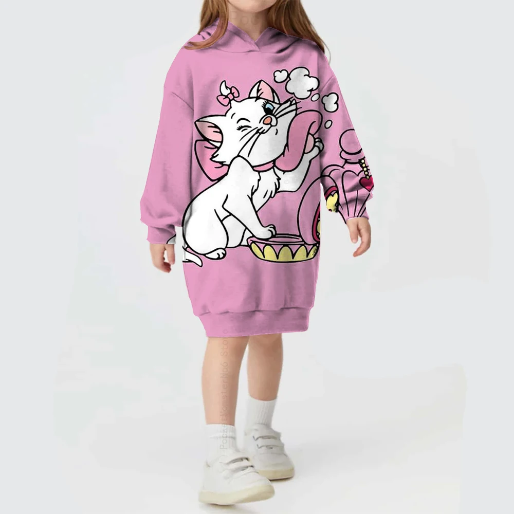 New autumn and winter Disney girls winter girls Mary Cat cartoon print long-sleeved hooded pullover sweater dress