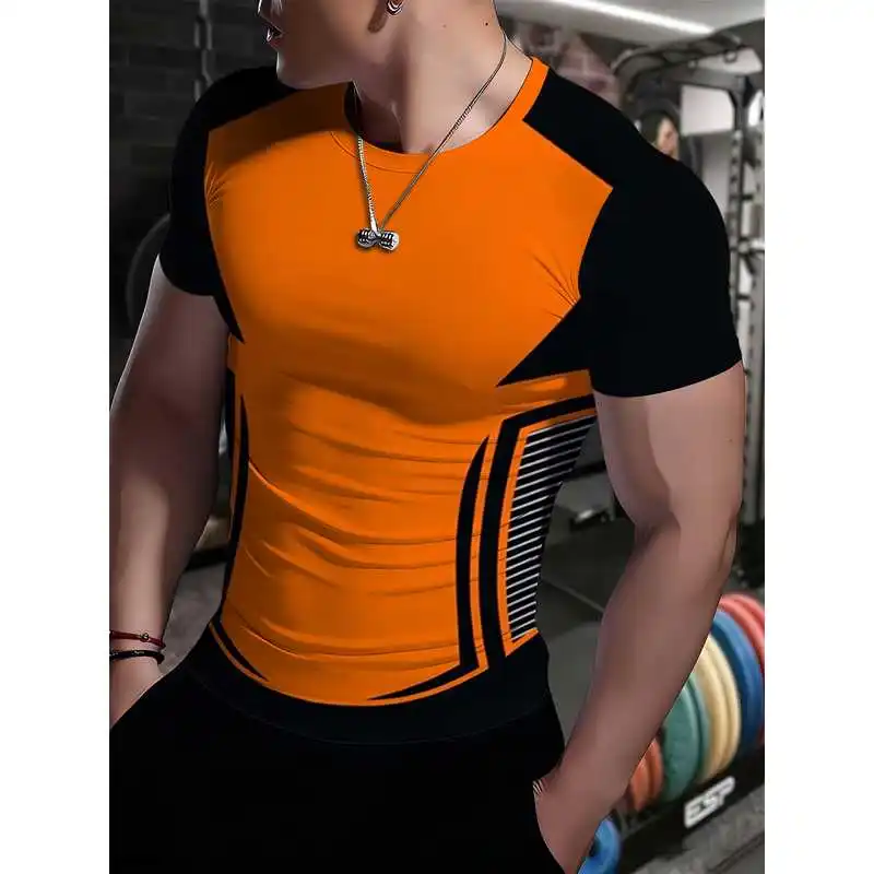 High Elastic Compression Workout T Shirt Bright Orange Black Color Block Side Layered Vertical Stripe Fitness Top For Gym Streng