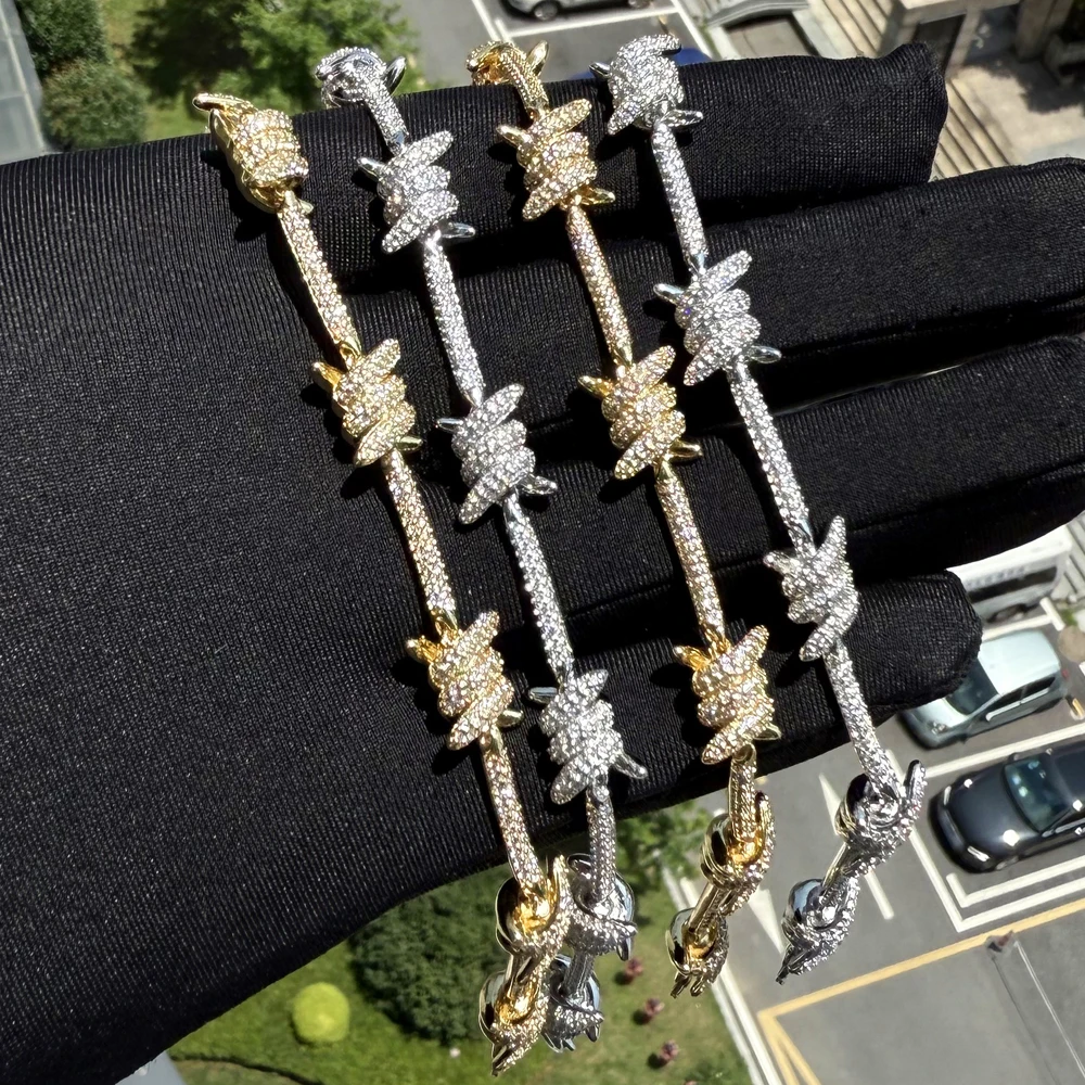 2026 New Iced Out Bling Cubic Zirconia Barbed Wire Chain Bracelet For Men Hip Hop Rock Bar Jewelry