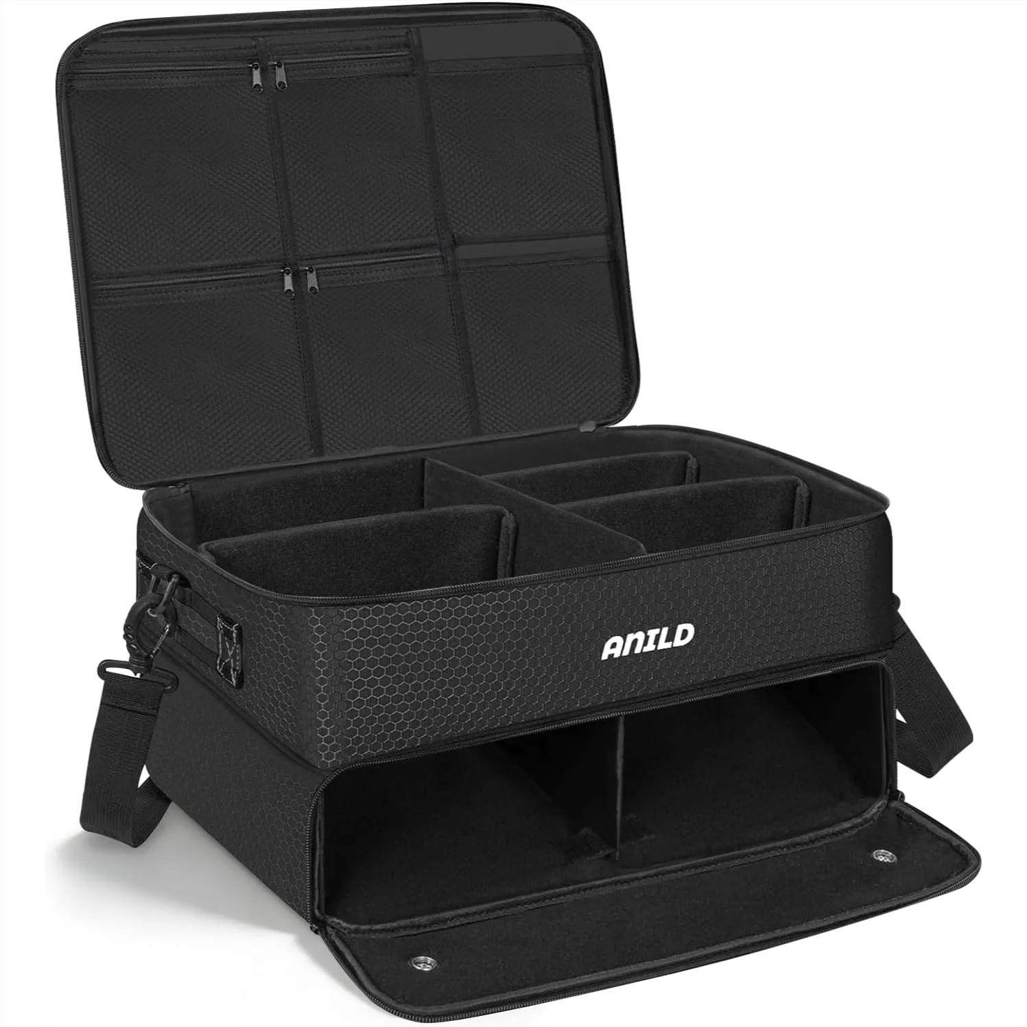 

Golf Trunk Organizer, 2 Layer Storage Case with Shoe Compartment for Balls Tees Clothes Gloves