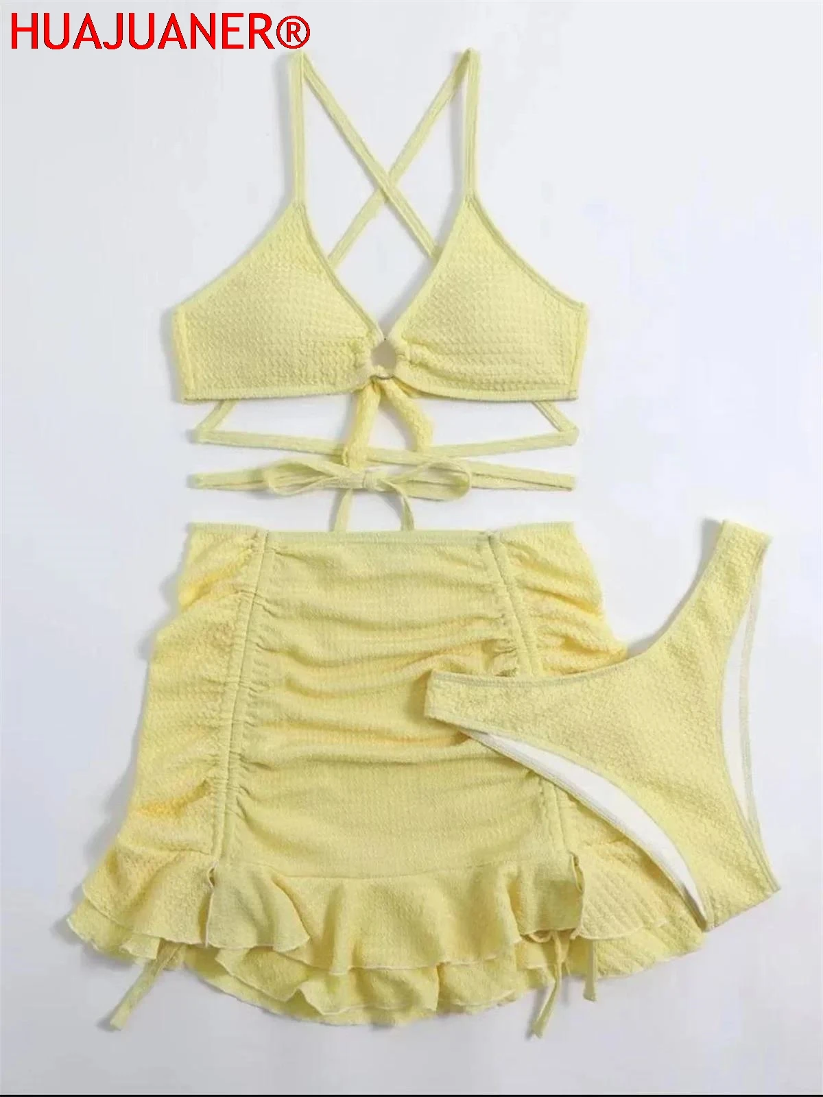 Sexy Yellow Bikini Women Solid Halter Ring Linked Criss Cross Cover Up 3 Piece Swimsuit 2026 Bathing Suit Ruffles Skirt Swimwear