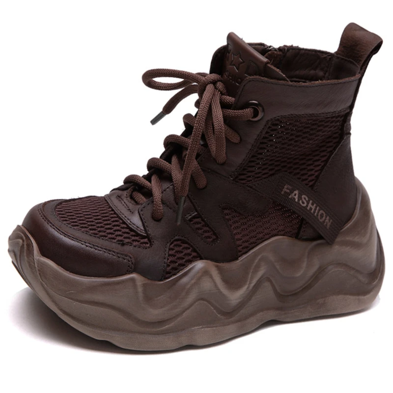 

Koznoy 6.5cm Air Mesh Ethnic Cow Genuine Leather Fashion Ankle Booties Women Hollow Platform Wedge Breathable Zip Summer Shoes