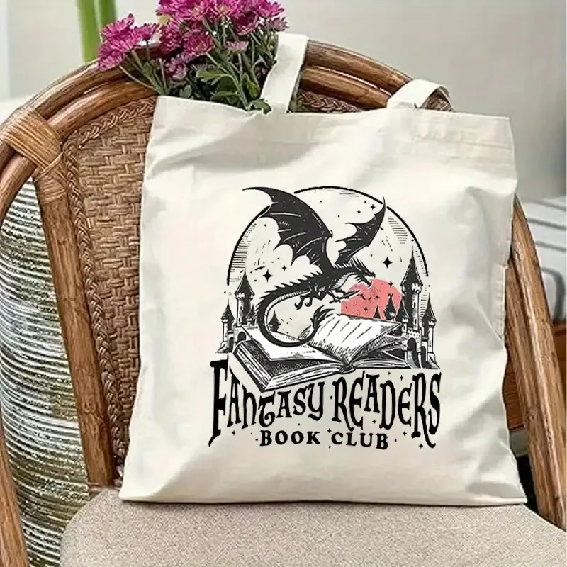 

Women's Fantasy Book Lover Tote Bag Literary purse with Dragon & Book Graphic Bag for Readers, Casual Everyday Themed, Book Bag