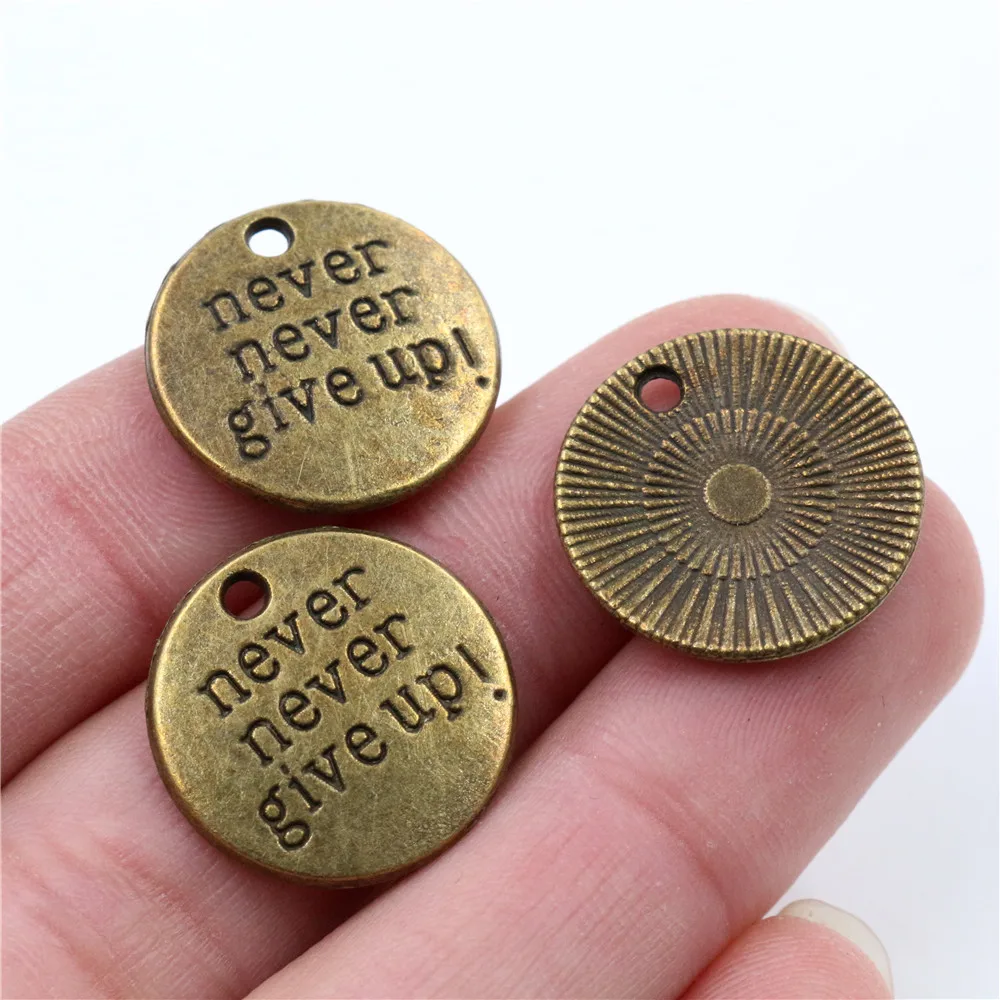 19x19mm 10pcs Antique Silver Plated/Bronze Plated Never Never Give Up Plate Handmade Charms Pendant:DIY for bracelet necklace