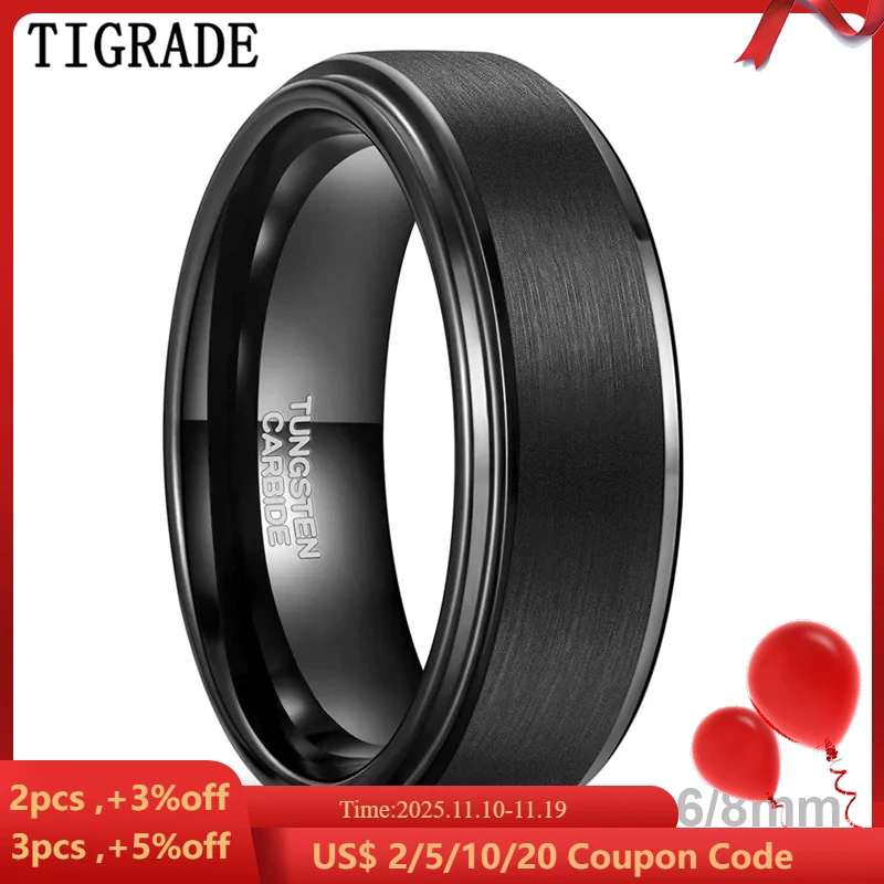 

Tigrade 6/8mm Tungsten Carbide Ring Men Black Brushed Fashion Male Wedding Rings Vintage Engagement Band for Couple Unisex Band